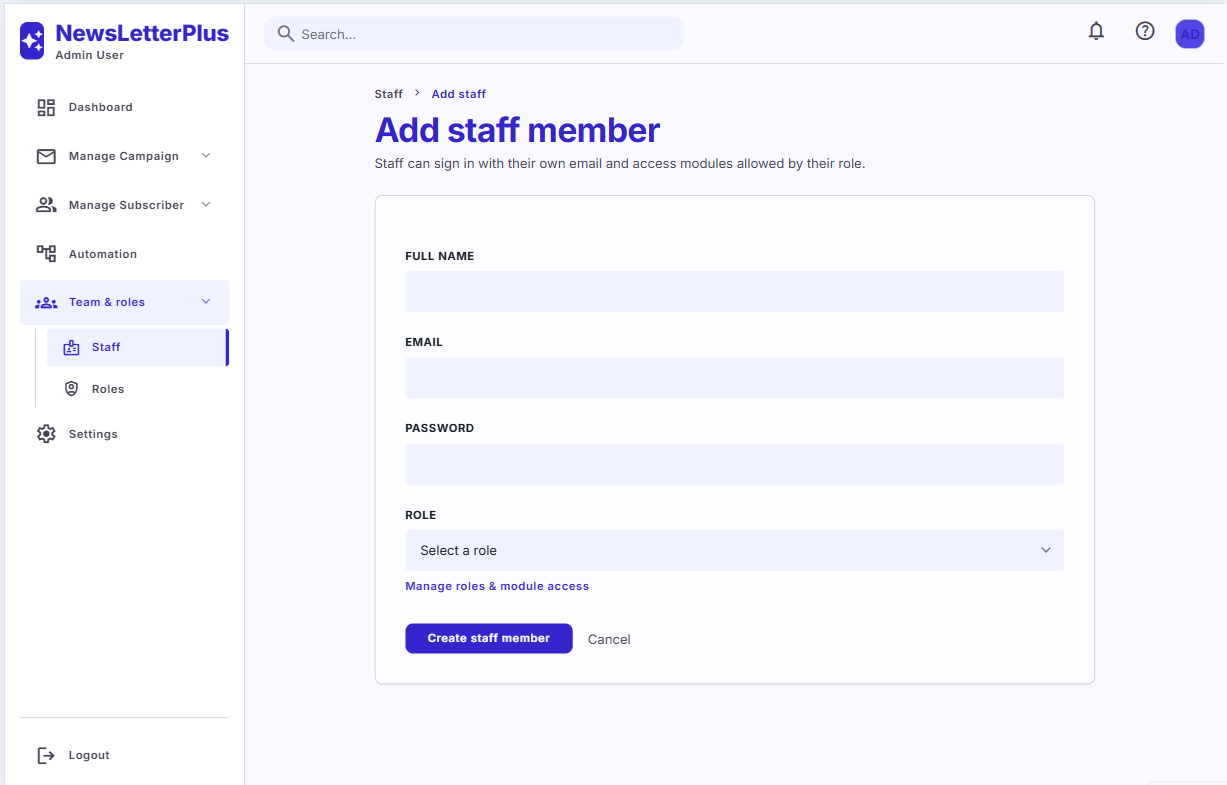 Add staff member form with name, email, password, and role